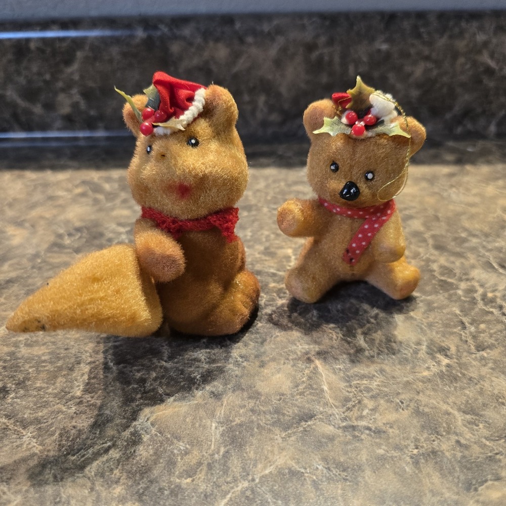 Vintage Flocked Christmas Ornaments Squirrel & Bear‎ with Santa Hats 1980s